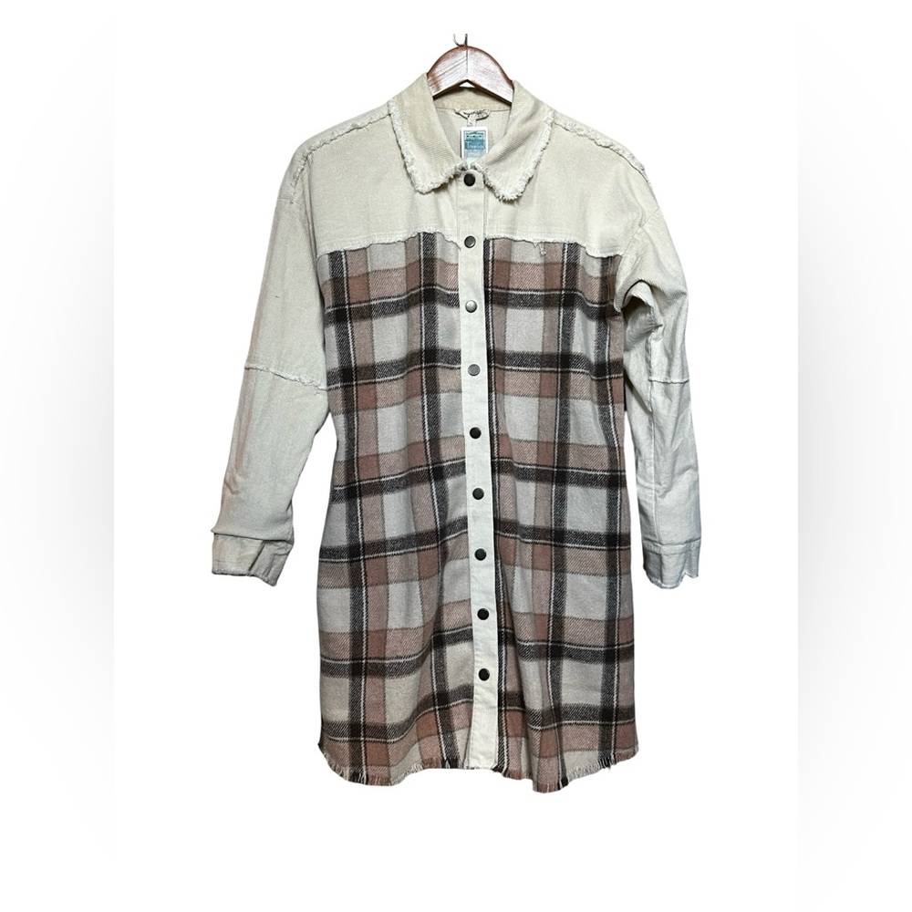 Plaid Shacket Corduroy Sleeve Jacket Cream Pink Women’s Size Small. - Picture 3 of 10